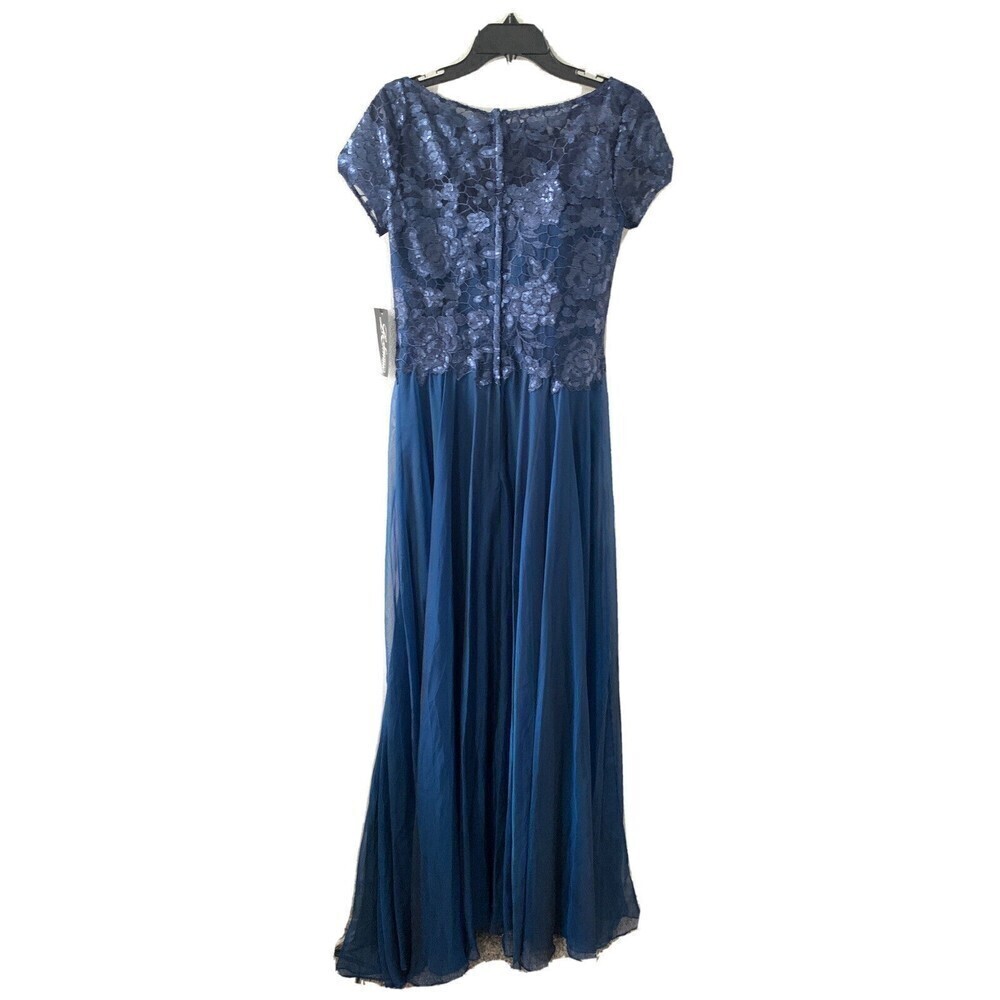 La Femme Size 6 Blue Sequin Elegant Floral Lace & Satin Evening Gown Dress - Picture 6 of 7